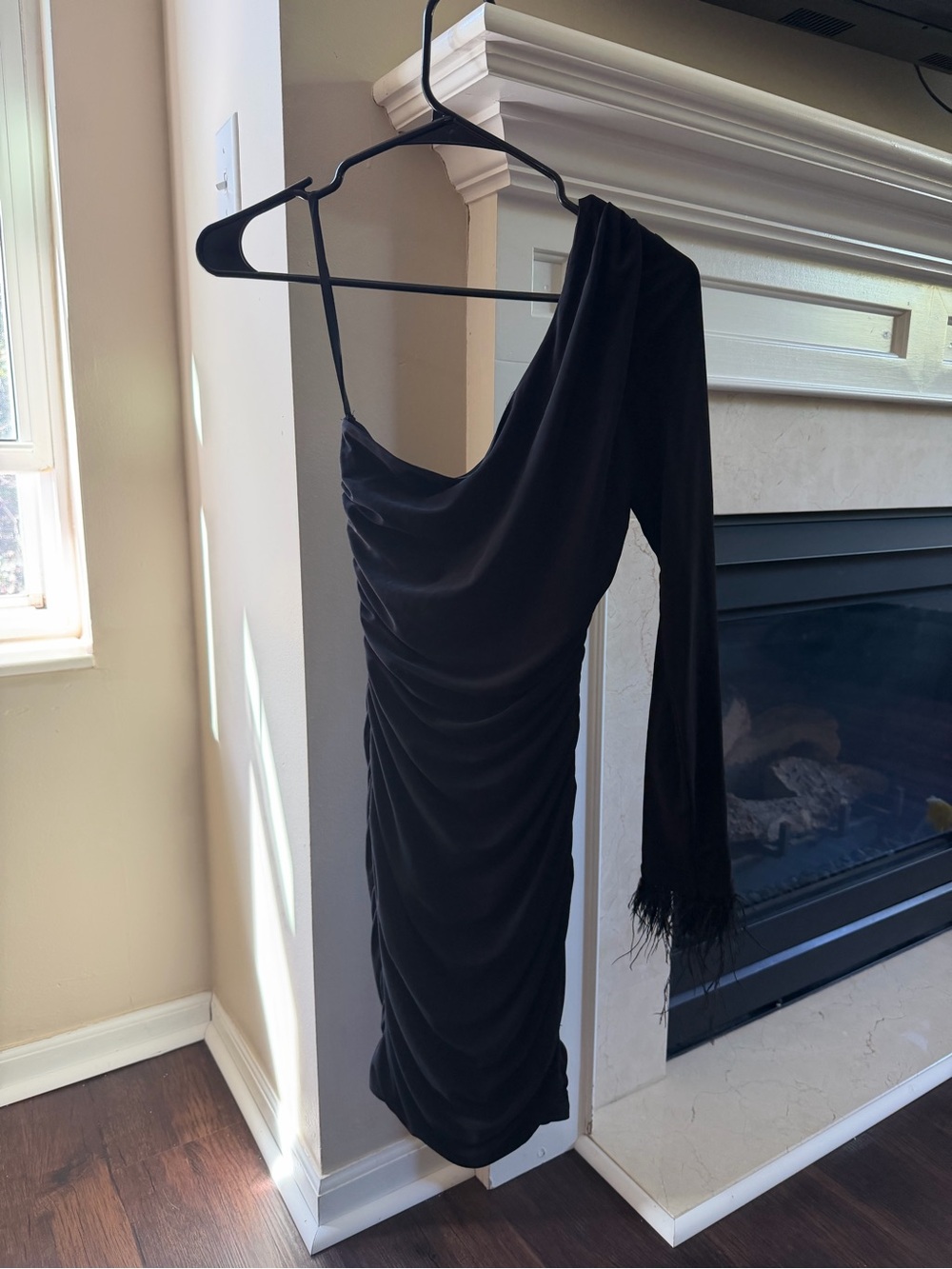 City Studio One-Shoulder Black Ruched Dress with Feather Trim